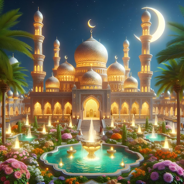 Ramadan wallpaper with Ramadan crescent and mosque