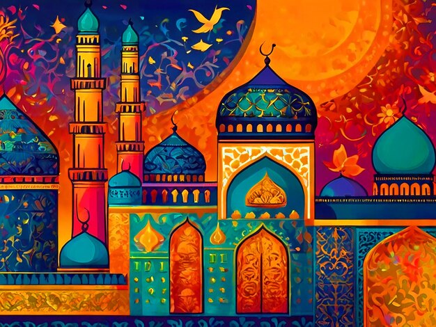 Фото Рамадан с потрясающей сценой ид аль-фитр с яркими цветами