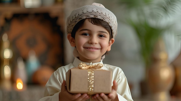 During Ramadan a young Arab boy adorned in a turban holds a gift box in his hands with joy