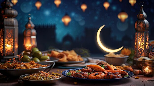 Photo ramadanspecific foods against a backdrop of an illuminated crescent moon