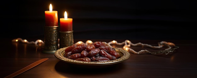Ramadanviering Heerlijke rijst dadels op een gouden dienblad