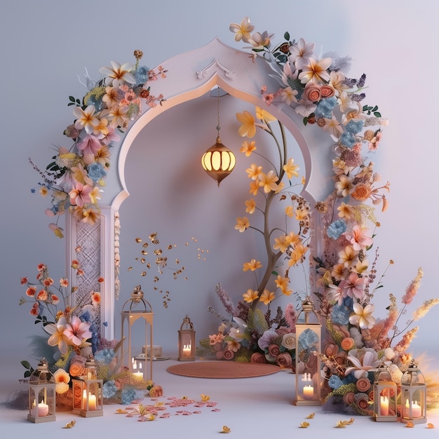 Ramadhan nacht met islamitische archpastel bloemen en maanlicht