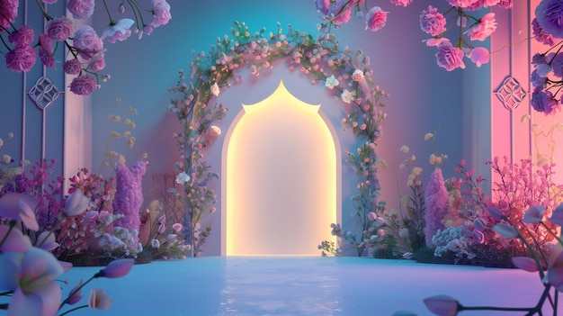 Foto notte di ramadan con archpastel islamico floreale e luce di luna