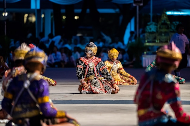 Ramayana pantomime story dancing and acting on the ground by Thai students in Thai Temple