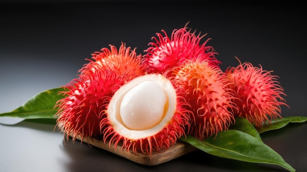 Rambutan fruit whole fruits and cut lie on wooden board with green leaves Dark clean background