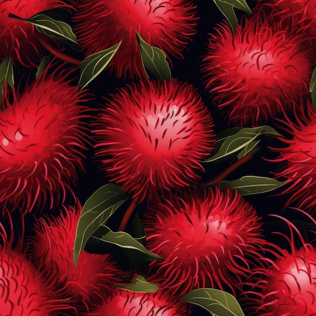 Rambutan red hairy tropical seamless pattern