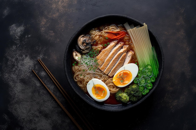 Ramen an Asian noodle soup served in a dark bowl with chicken tofu veggies and eggs slate colored wall Up close