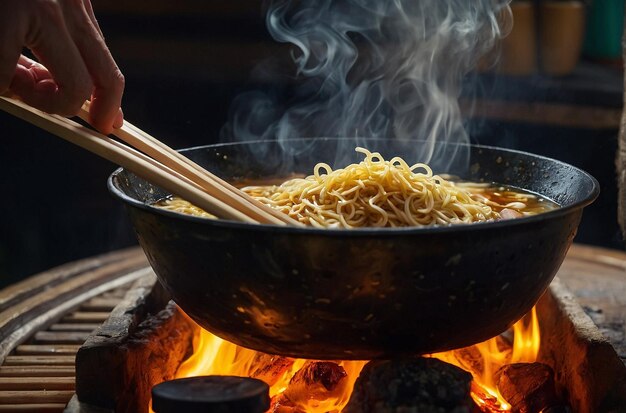 Ramen being cooked over an open flame