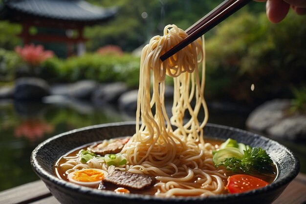 Ramen being enjoyed at a traditional Japanese garden