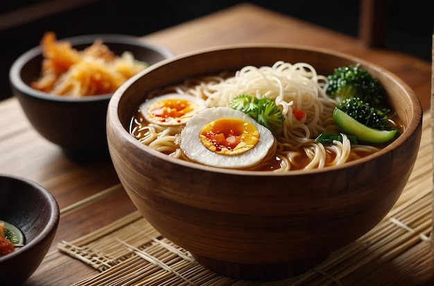 写真 伝統 的 な 木製 の 鉢 で ラーメン が 供え られ て いる