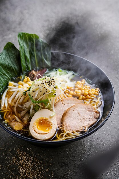 Photo ramen bowl with noodles pork boiled egg and vegatables