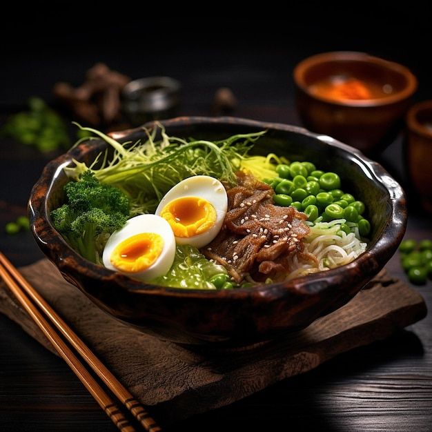 Ramen bowl with rice noodles egg and peas