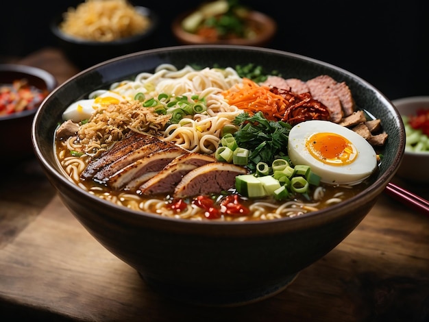 Ramen Gepresenteerd in een diepe kom met noedels en diverse toppings