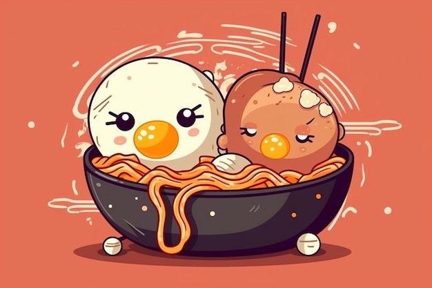 Ramen noodle egg and meat with chopstick cartoon