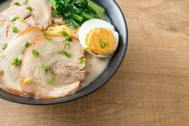 Ramen noodles in pork bone soup with roast pork and egg