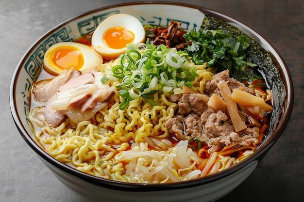 Photo ramen picture of a large bowl of japanese ramen broth noodles meat eggs and herbs very tasty