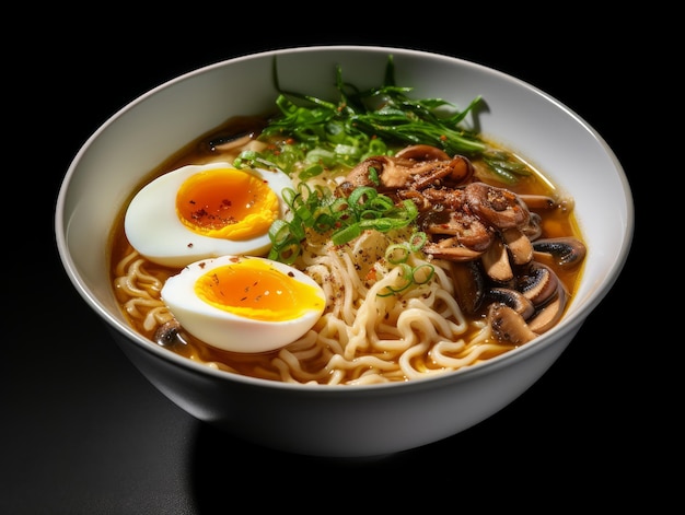 Ramen soup with mushrooms and eggs isolated on a black background