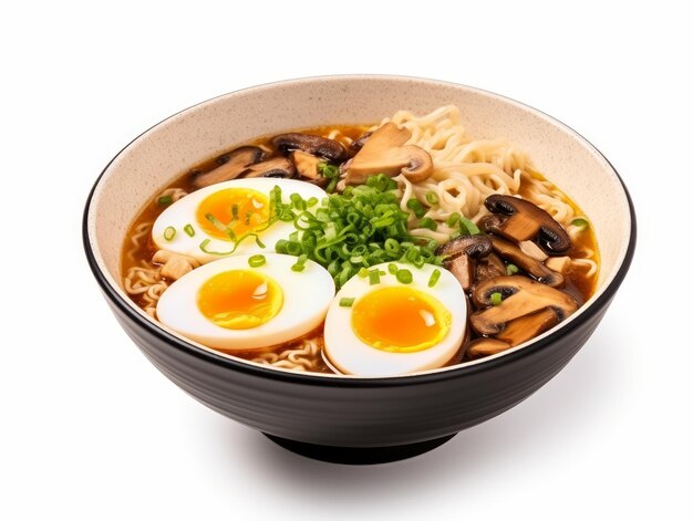 Ramen soup with mushrooms and eggs isolated on a white background