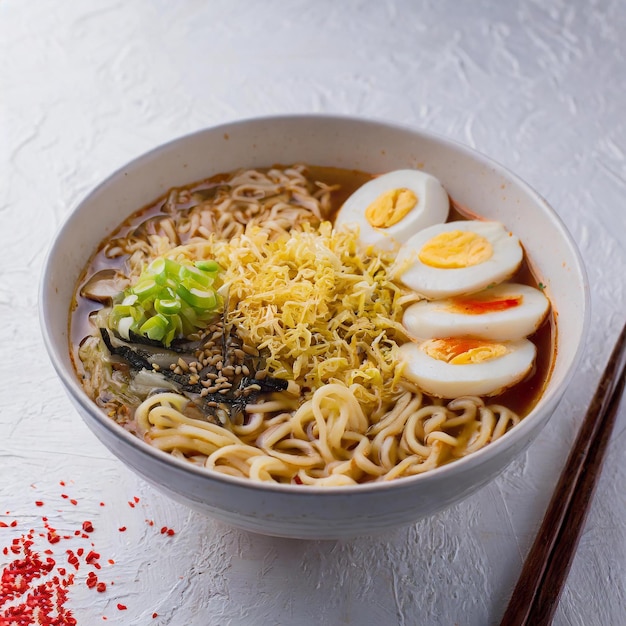 写真 白い背景に麺鶏柔らかい卵ほうれん草と唐辛子が入ったラーメン スープ