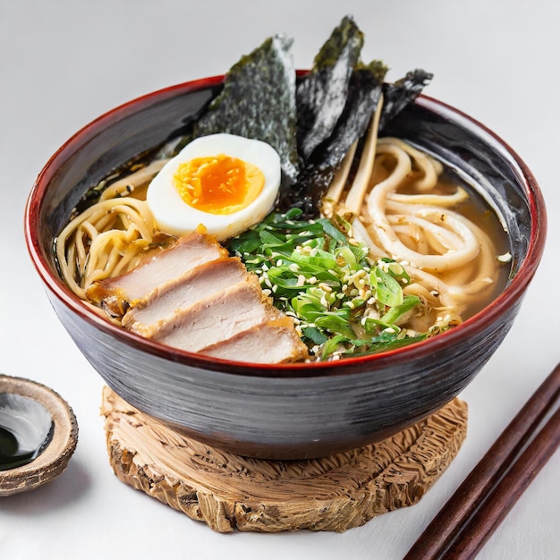 ramen soup with noodles chicken soft egg spinach and chili on white background