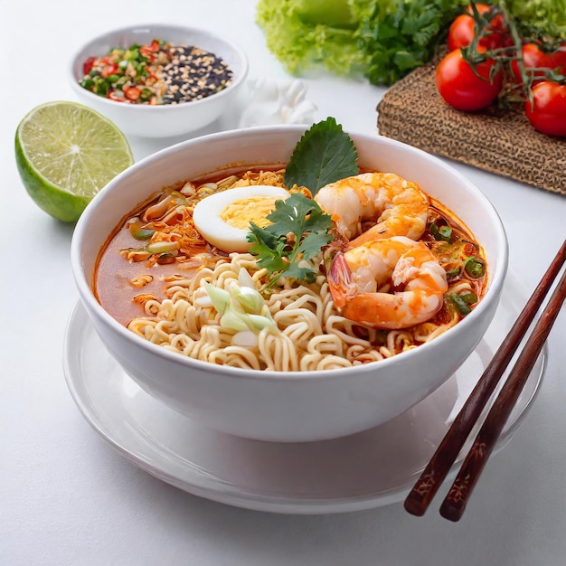 Photo ramen soup with noodles chicken soft egg spinach and chili on white background