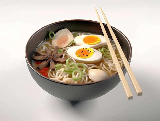 Ramen soup with noodles leek nori shiitake mushroom soft egg and chashu chicken on white background Chopsticks holding egg