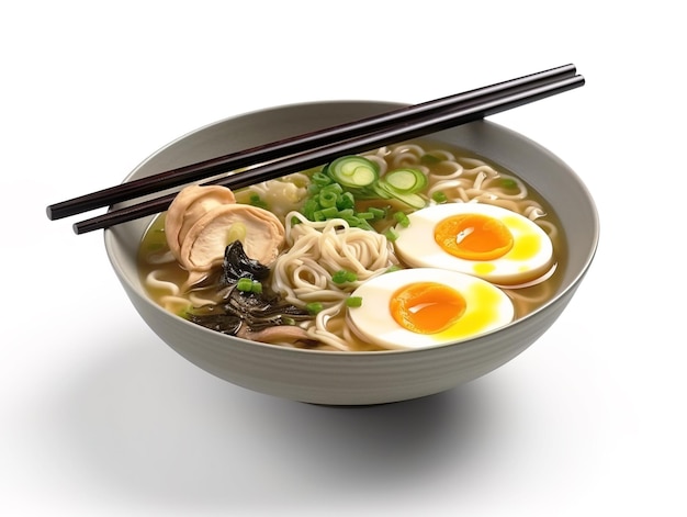 Ramen soup with noodles leek nori shiitake mushroom soft egg and chashu chicken on white background Chopsticks holding egg