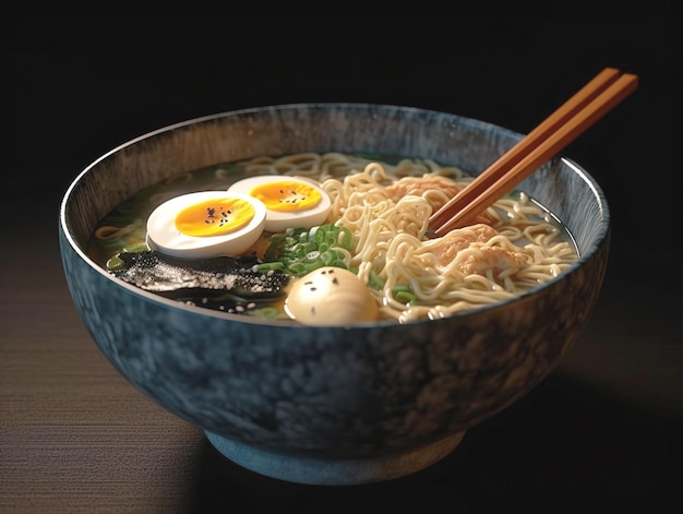 Foto zuppa di ramen con tagliatelle porro nori uovo morbido e pollo chashu su sfondo scuro le bacchette tengono le tagliatelle