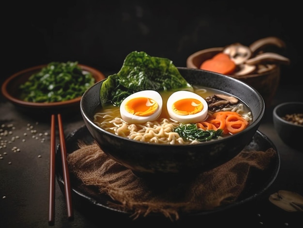 Ramen soup with noodles leek shiitake mushroom nori soft egg and chashu pork on a dark background