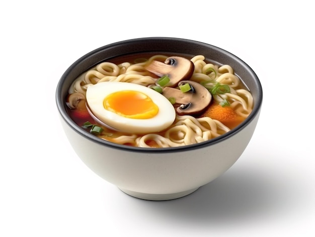 Ramen soup with noodles leek shiitake mushroom and soft egg isolated on white background Vegetarian ramen soup