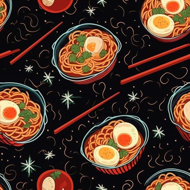 Foto ramen voedsel patroon zwarte banner tekenen chinese lunch maaltijd rijst genereren ai