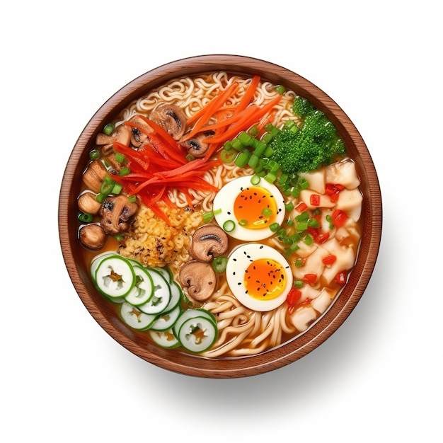 ramen with many toppings on it japanese food