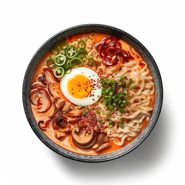 ramen with many toppings on it japanese food