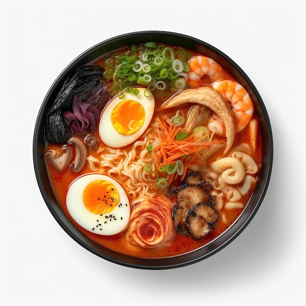 ramen with many toppings on it japanese food