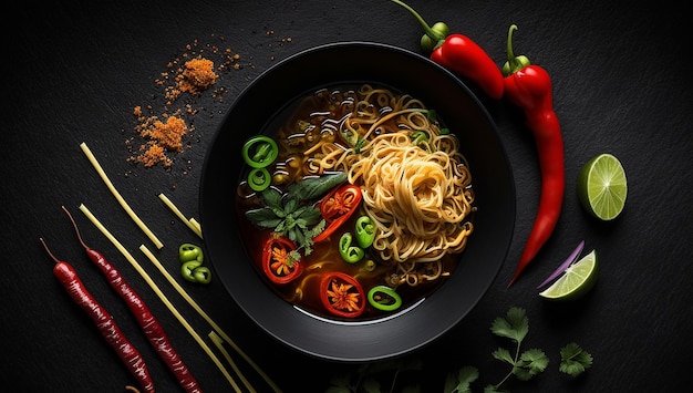 Ramen with vegetables and hot peppers in a plate on a black background Generative AI