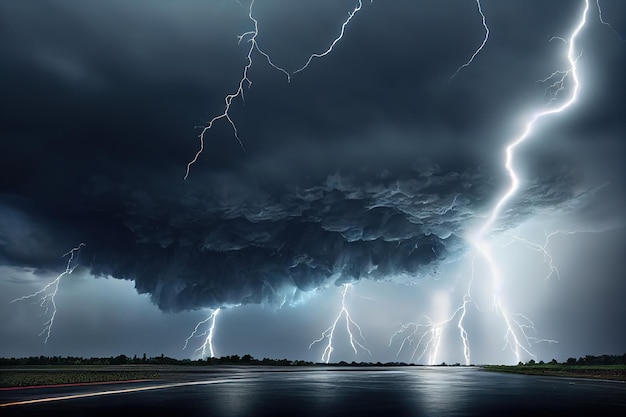 Ramp Een verwoestende tornado raakt de grond Blikseminslagen 3D render Rasterillustratie