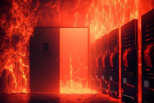 Ramp in serverruimte of opslagruimte van datacenter in brand Neuraal netwerk gegenereerde kunst