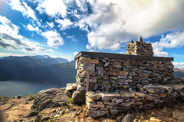 Rampestreken. Beautiful views of the Romsdalsfjorden and Andalsnes, Norway. Top Nesaksla