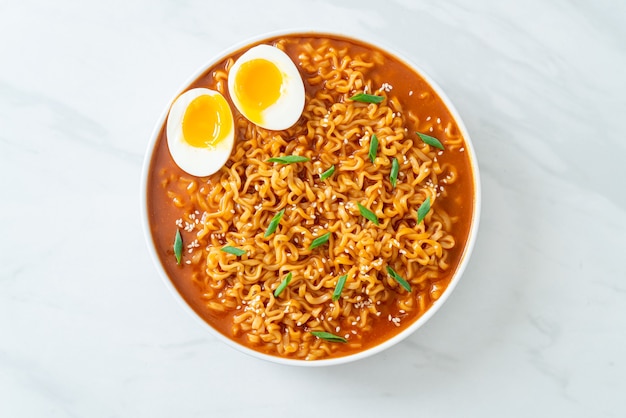 Ramyeon or Korean instant noodles with egg - Korean food style