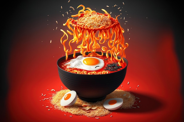 Ramyun hot ramen or extremely spicy Korean noodles Korean instant ramen served spicy and with dry noodles and a fried egg