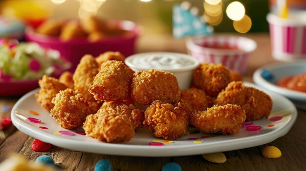 Ranch Dipped Crispy Fried Chicken Nugget tegen een wazige achtergrond.