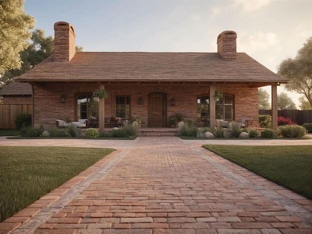 Ranch house driveway leading to a brick facade