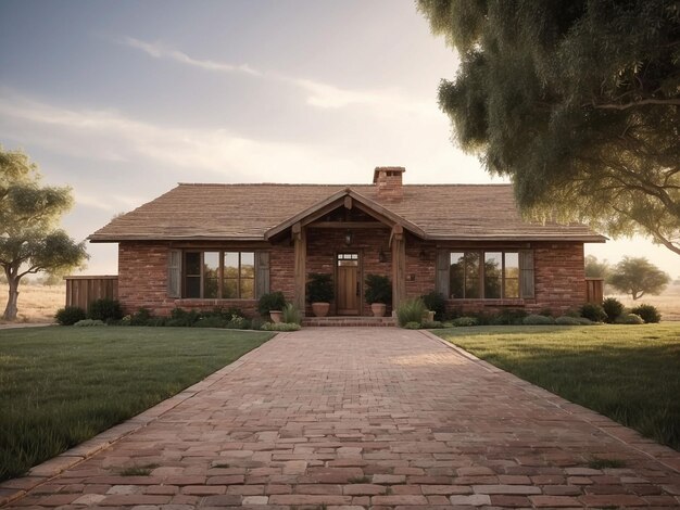 Ranch house driveway leading to a brick facade