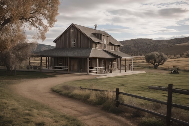 Ranch house exterior with barn and fields in the background