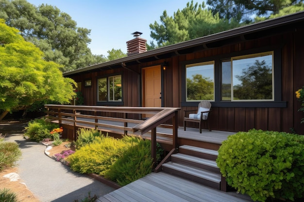 Ranch house exterior with deck and view of the garden surrounded by trees created with generative ai