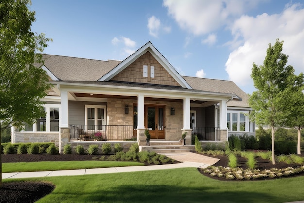 Ranch house exterior with stone or brick facade wraparound porch and natural greenery