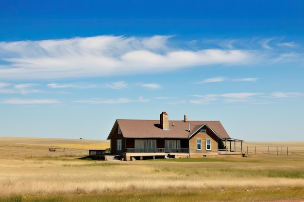Ranch house sitting on vast expanse of prairie blue sky in the background created with generative ai