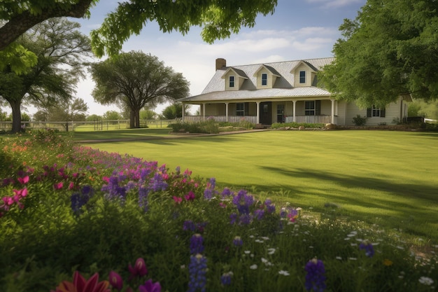 Photo ranch house surrounded by lush green lawn and blooming flowers