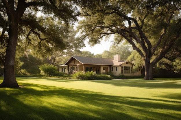 Ranch house with lush green lawn surrounded by trees created with generative ai