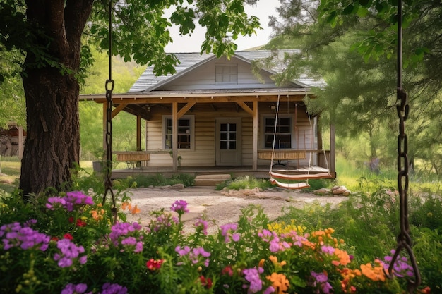 Ranch house with porch swing surrounded by blooming flowers and greenery created with generative ai